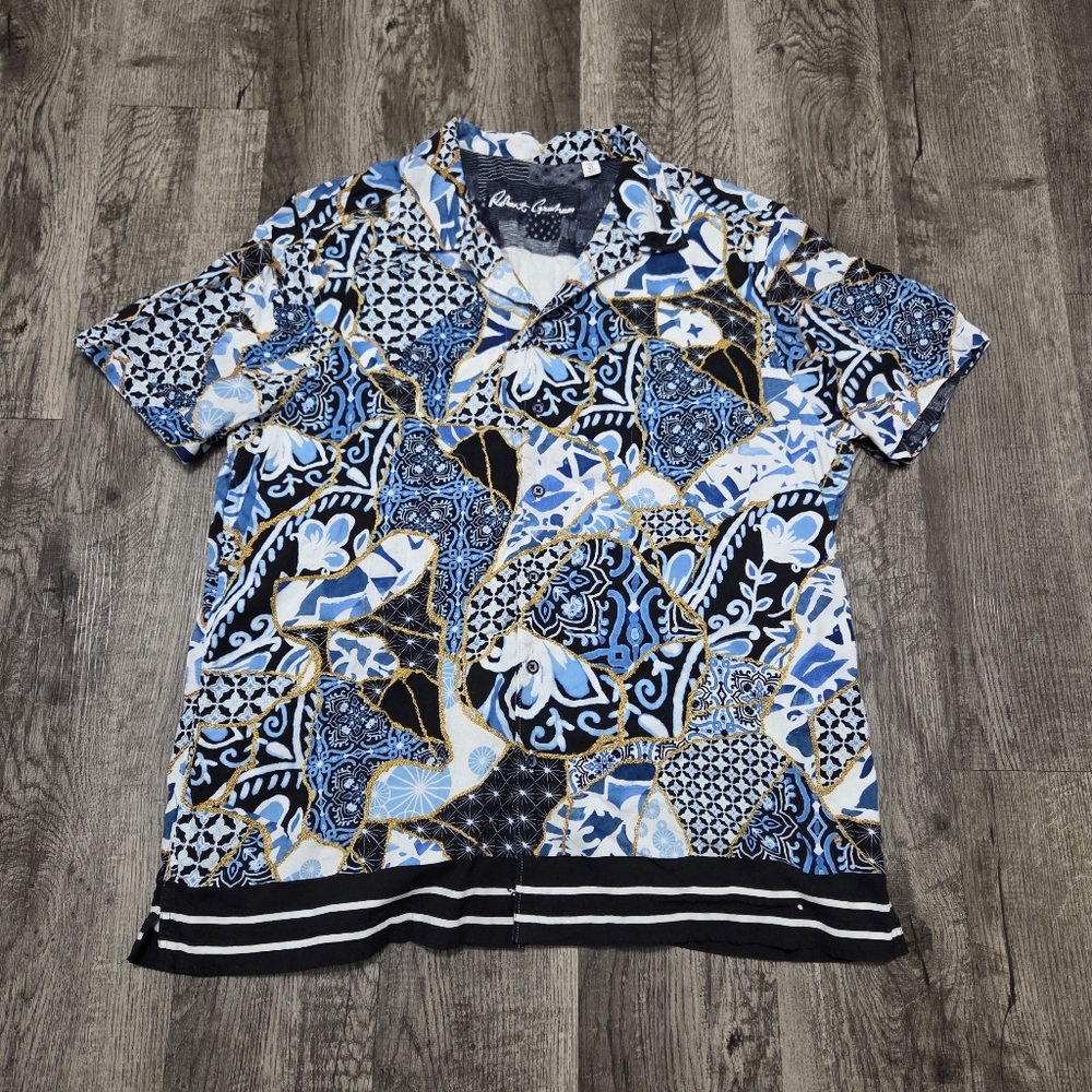 Robert Graham Blue and Black Patterned Casual Button Down Shirt XL